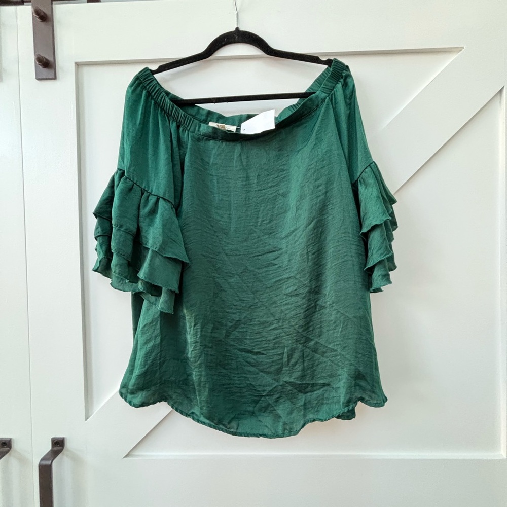Green off the shoulder blouse with 3/4 ruffled sleeves